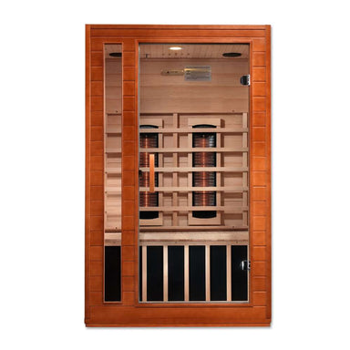Front view of Golden Designs Dynamic Cordoba 2 Person Full Spectrum Infrared Sauna showing a light wood cabin, glass door and carbon panels