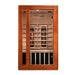 Front view of Golden Designs Dynamic Cordoba 2 Person Full Spectrum Infrared Sauna showing a light wood cabin, glass door and carbon panels
