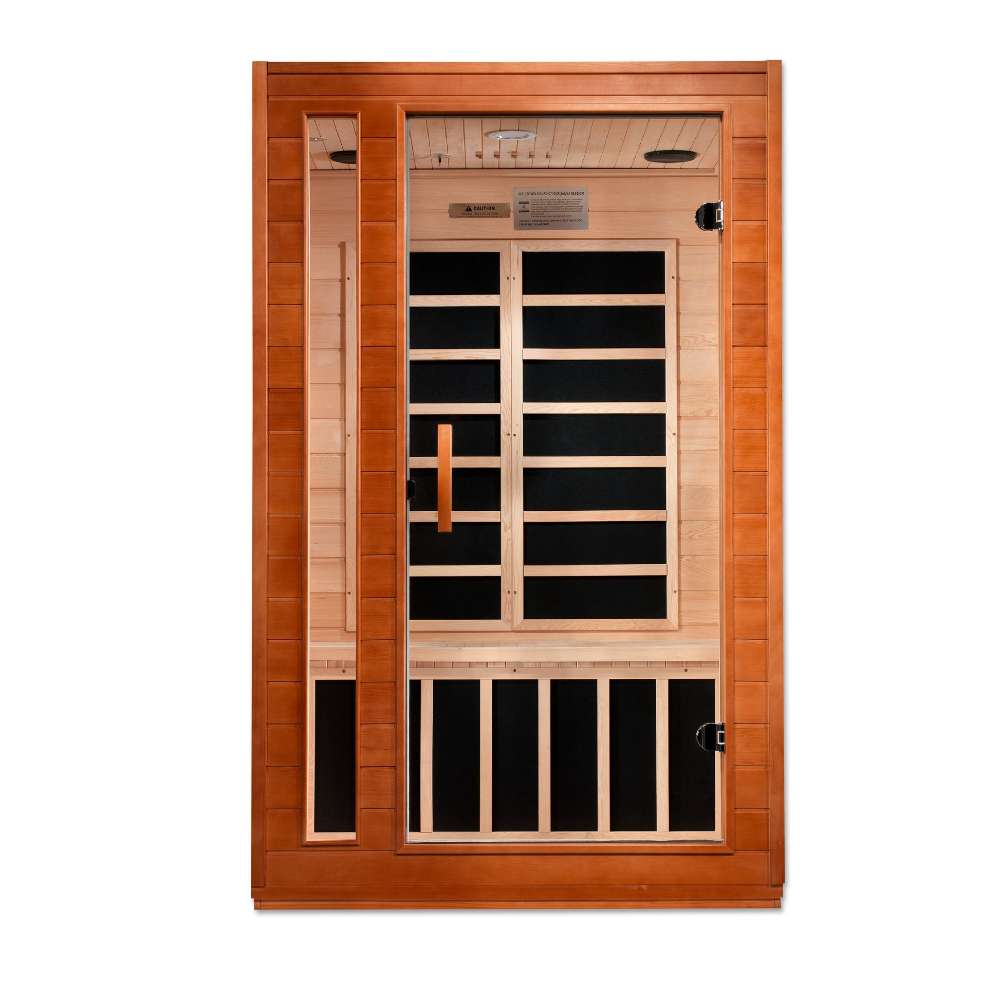 Front view of Golden Designs Dynamic Cordoba Elite 2 Person Ultra Low EMF Far Infrared Sauna showing a cedar cabin, full-length glass door and carbon panels