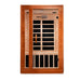 Front view of Golden Designs Dynamic Cordoba Elite 2 Person Ultra Low EMF Far Infrared Sauna showing a cedar cabin, full-length glass door and carbon panels