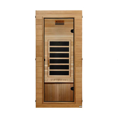 Front view of Golden Designs Dynamic Elite 1 Person Compact Ultra Low EMF Far Infrared Sauna in Pacific Cedar showing a light cedar cabin, clear glass door and carbon panels