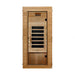 Front view of Golden Designs Dynamic Elite 1 Person Compact Ultra Low EMF Far Infrared Sauna in Pacific Cedar showing a light cedar cabin, clear glass door and carbon panels
