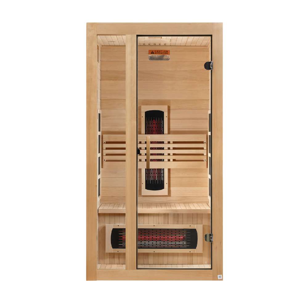 Front view of Golden Designs Dynamic Gracia 1-2 Person Full Spectrum Near Zero EMF Far Infrared Sauna showing a hemlock cabin, clear glass door and glowing near infrared elements