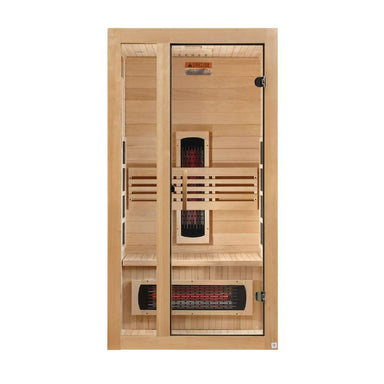 Front view of Golden Designs Dynamic Gracia 1-2 Person Full Spectrum Near Zero EMF Far Infrared Sauna showing a hemlock cabin, clear glass door and glowing near infrared elements