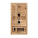 Front view of Golden Designs Dynamic Gracia 1-2 Person Full Spectrum Near Zero EMF Far Infrared Sauna showing a hemlock cabin, clear glass door and glowing near infrared elements