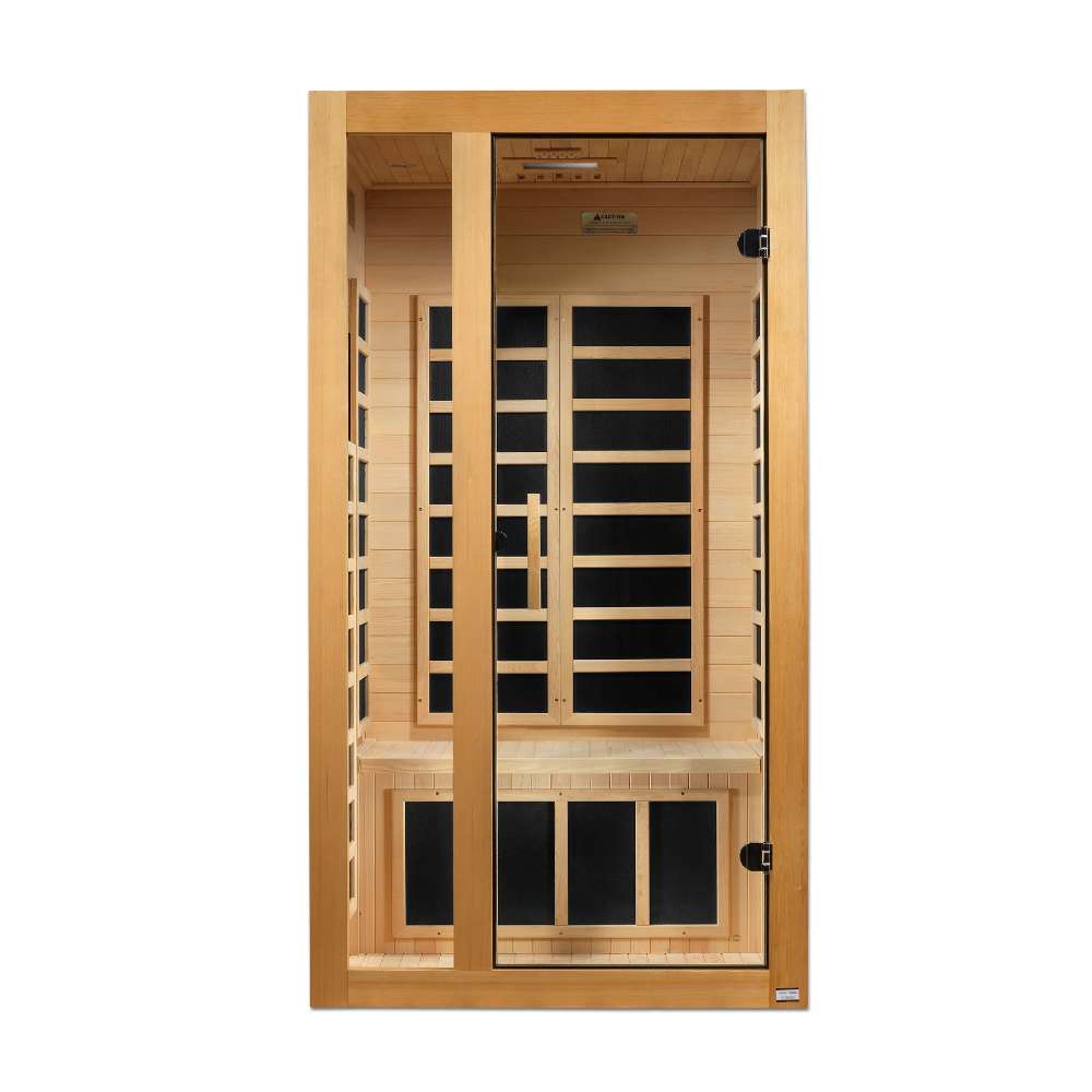 Front view of Golden Designs Dynamic Gracia 1-2 Person Low EMF Far Infrared Sauna showing a glass door with a long handle and carbon panels inside