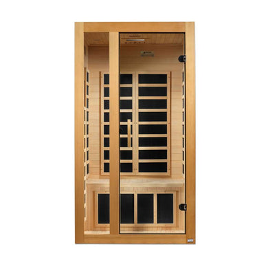 Front view of Golden Designs Dynamic Gracia 1-2 Person Low EMF Far Infrared Sauna showing a glass door with a long handle and carbon panels inside