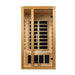 Front view of Golden Designs Dynamic Gracia 1-2 Person Low EMF Far Infrared Sauna showing a glass door with a long handle and carbon panels inside