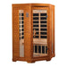 Front view of Golden Designs Dynamic Heming 2 Person Low EMF Far Infrared Corner Sauna showing its corner design, glass door and carbon panels