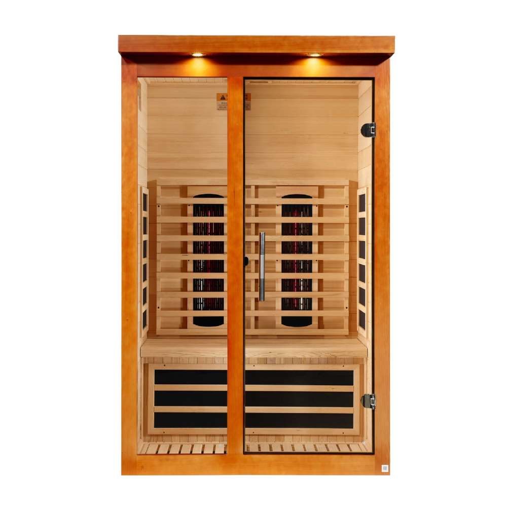 Front view of Golden Designs Dynamic Llumeneres 2 Person Full Spectrum Near Zero EMF Far Infrared Sauna showing a cedar cabin, full-length glass doors and glowing accent lights