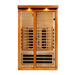 Front view of Golden Designs Dynamic Llumeneres 2 Person Full Spectrum Near Zero EMF Far Infrared Sauna showing a cedar cabin, full-length glass doors and glowing accent lights