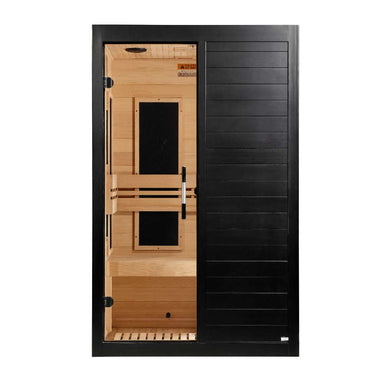 Front view of Golden Designs Dynamic Lucca Elite 2 Person Ultra Low EMF Far Infrared Sauna in Black Finish showing a black exterior, glass door and hemlock interior