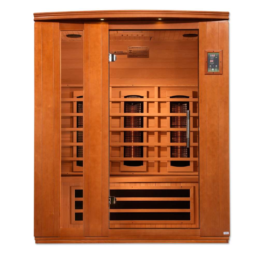 Front view of Golden Designs Dynamic Lugano 3 Person Full Spectrum Infrared Sauna showing a cedar cabin, wide glass front, carbon panels and an exterior control panel