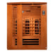 Front view of Golden Designs Dynamic Lugano 3 Person Full Spectrum Infrared Sauna showing a cedar cabin, wide glass front, carbon panels and an exterior control panel