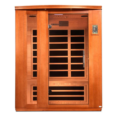 Front view of Golden Designs Dynamic Lugano 3 Person Low EMF Far Infrared Sauna showing a cedar cabin, bronze glass door and exterior control panel