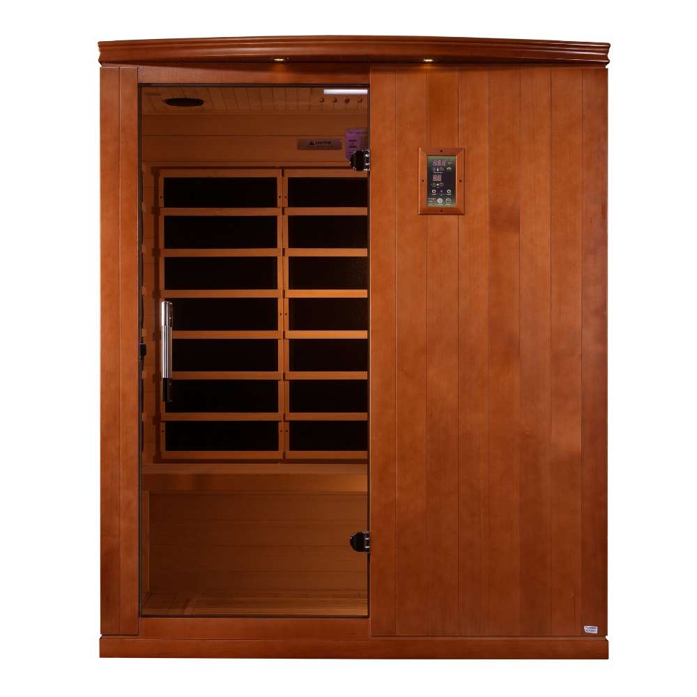Front view of Golden Designs Dynamic Madrid Limited Elite 3 Person Ultra Low EMF Far Infrared Sauna showing a cedar-toned cabin, bronze glass door and exterior control panel