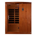 Front view of Golden Designs Dynamic Madrid Limited Elite 3 Person Ultra Low EMF Far Infrared Sauna showing a cedar-toned cabin, bronze glass door and exterior control panel