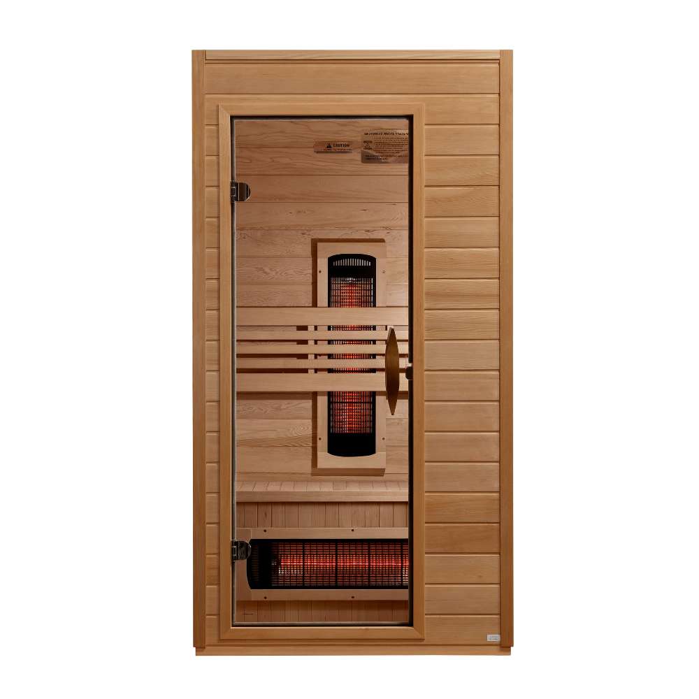 Front view of Golden Designs Dynamic Martin 1-2 Person Full Spectrum Near Zero EMF Far Infrared Sauna showing a hemlock cabin, clear glass door and glowing near infrared elements