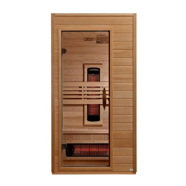 Front view of Golden Designs Dynamic Martin 1-2 Person Full Spectrum Near Zero EMF Far Infrared Sauna showing a hemlock cabin, clear glass door and glowing near infrared elements