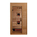 Front view of Golden Designs Dynamic Martin 1-2 Person Full Spectrum Near Zero EMF Far Infrared Sauna showing a hemlock cabin, clear glass door and glowing near infrared elements