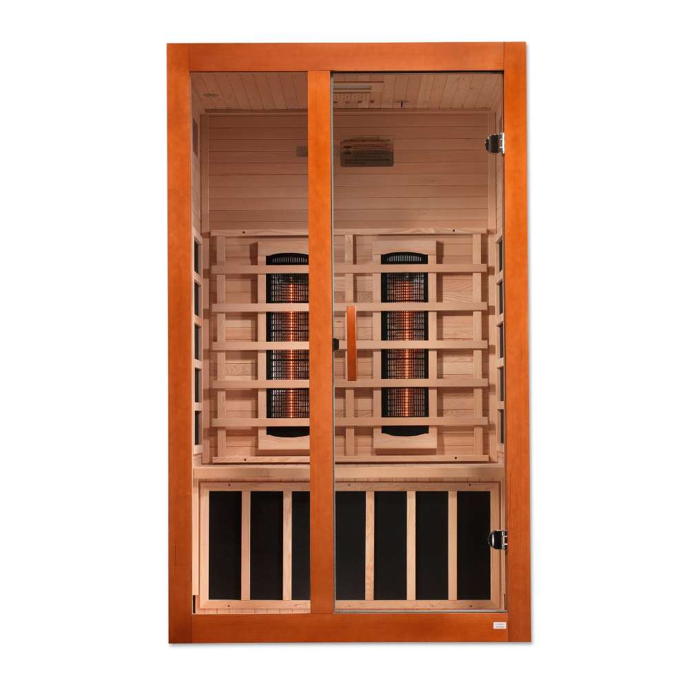 Front view of Golden Designs Dynamic Santiago 2 Person Full Spectrum Infrared Sauna showing a cedar finish, glass door, carbon panels and near infrared heaters