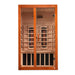 Front view of Golden Designs Dynamic Santiago 2 Person Full Spectrum Infrared Sauna showing a cedar finish, glass door, carbon panels and near infrared heaters