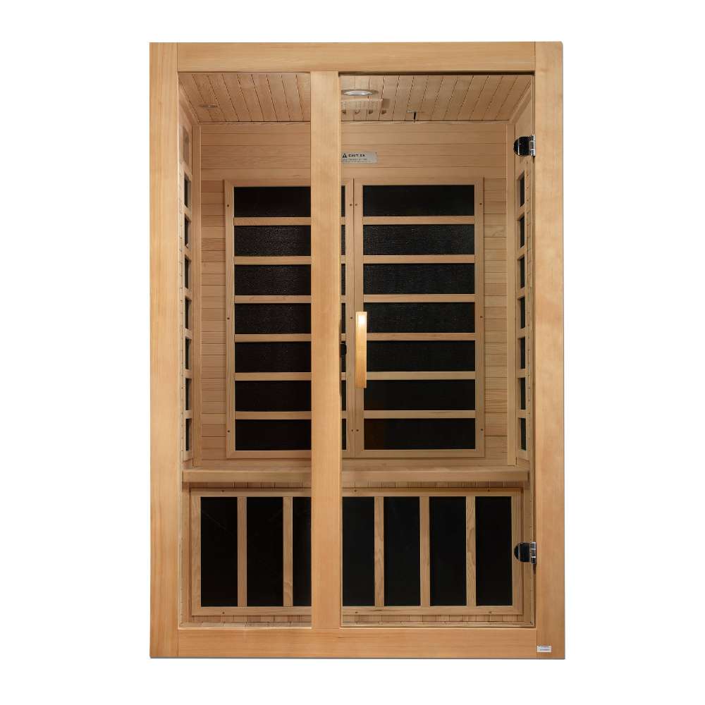 Front view of Golden Designs Dynamic Santiago 2 Person Low EMF Far Infrared Sauna showing a light hemlock cabin, glass door and carbon panels