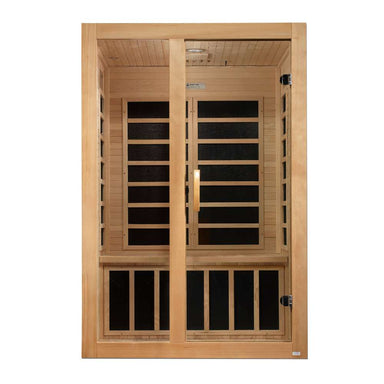Front view of Golden Designs Dynamic Santiago 2 Person Low EMF Far Infrared Sauna showing a light hemlock cabin, glass door and carbon panels