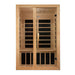 Front view of Golden Designs Dynamic Santiago 2 Person Low EMF Far Infrared Sauna showing a light hemlock cabin, glass door and carbon panels