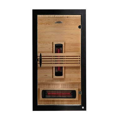 Front view of Golden Designs Dynamic Santorini 1-2 Person Full Spectrum Near Zero EMF Far Infrared Sauna showing a black exterior, glass door and glowing near infrared elements