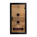 Front view of Golden Designs Dynamic Santorini 1-2 Person Full Spectrum Near Zero EMF Far Infrared Sauna showing a black exterior, glass door and glowing near infrared elements
