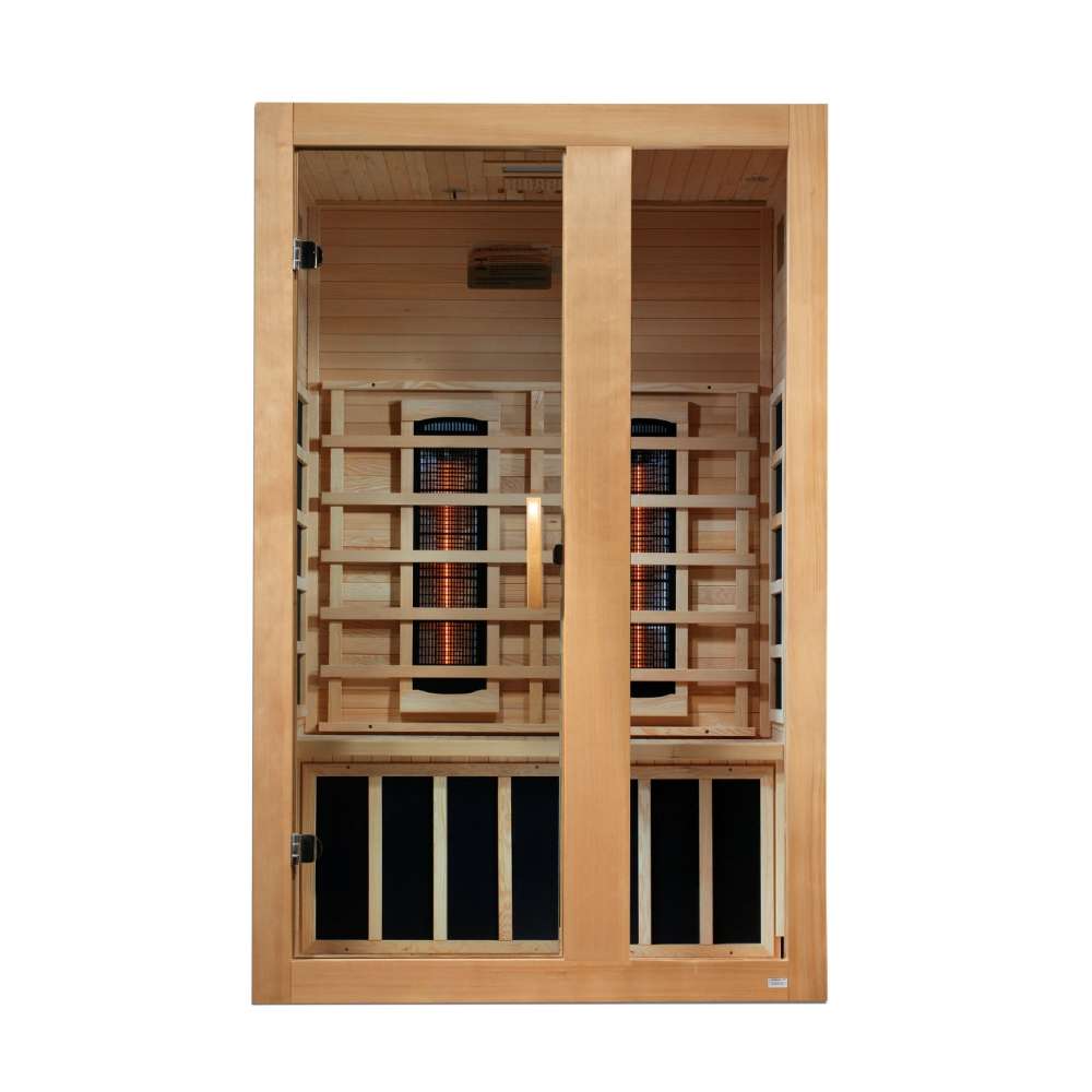 Front view of Golden Designs Dynamic Serena 2 Person Full Spectrum Near Zero EMF Infrared Sauna showing a hemlock cabin, clear glass door and near infrared elements behind the backrest