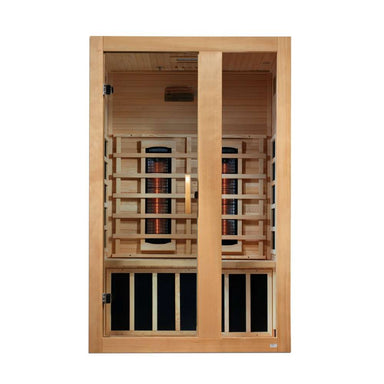 Front view of Golden Designs Dynamic Serena 2 Person Full Spectrum Near Zero EMF Infrared Sauna showing a hemlock cabin, clear glass door and near infrared elements behind the backrest