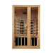 Front view of Golden Designs Dynamic Serena 2 Person Full Spectrum Near Zero EMF Infrared Sauna showing a hemlock cabin, clear glass door and near infrared elements behind the backrest