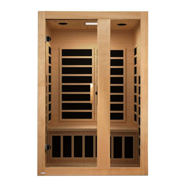 Front view of Golden Designs Dynamic Serena Elite 2 Person Ultra Low EMF Far Infrared Sauna showing a hemlock cabin, clear glass door and carbon panels