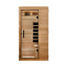 Front view of Golden Designs Dynamic Sicily Elite 1 Person Compact Ultra Low EMF Far Infrared Sauna showing a Pacific cedar cabin, clear glass door and carbon panels