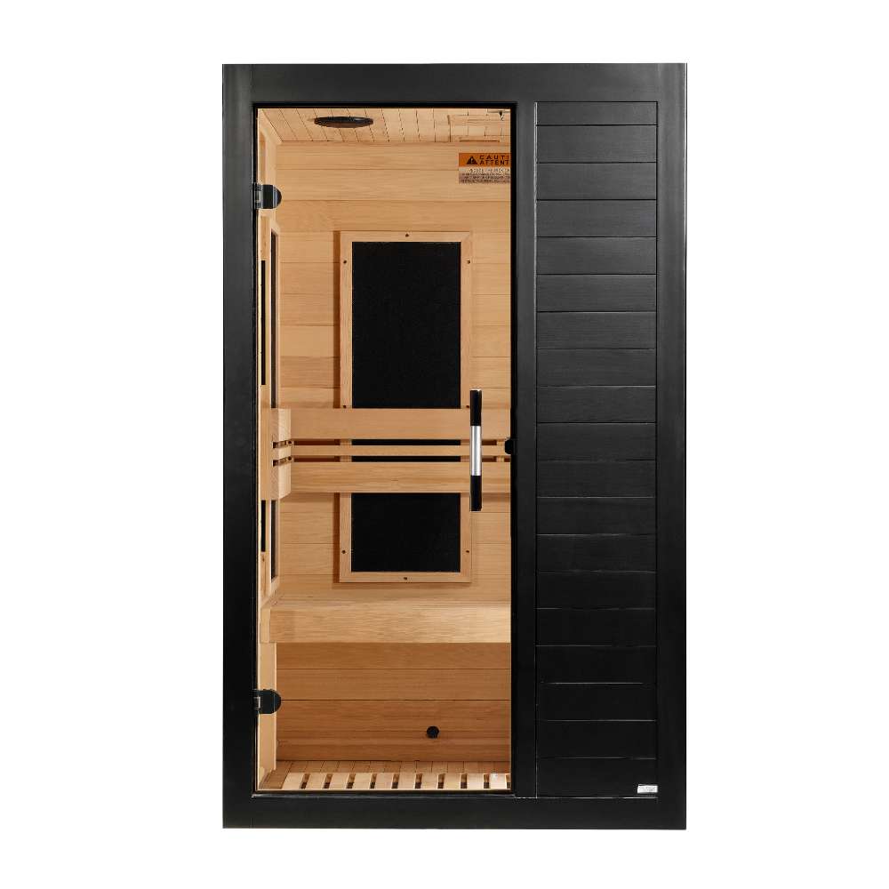 Front view of Golden Designs Dynamic Veneto 1-2 Person Low EMF Far Infrared Sauna in Black Finish showing a black exterior, glass door and hemlock interior