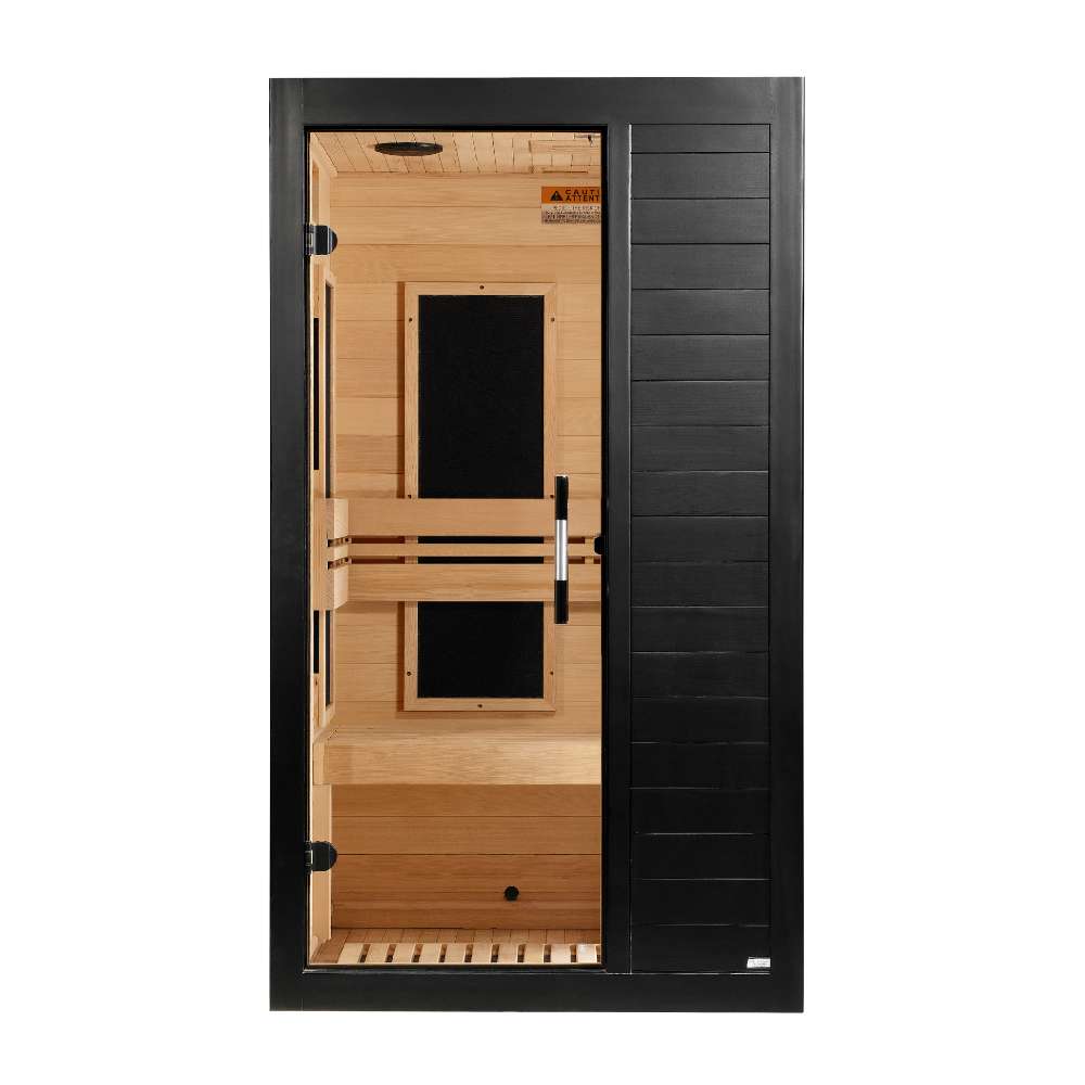 Front view of Golden Designs Dynamic Veneto Elite 1-2 Person Ultra Low EMF Far Infrared Sauna in Black Finish showing a black exterior, glass door and hemlock interior