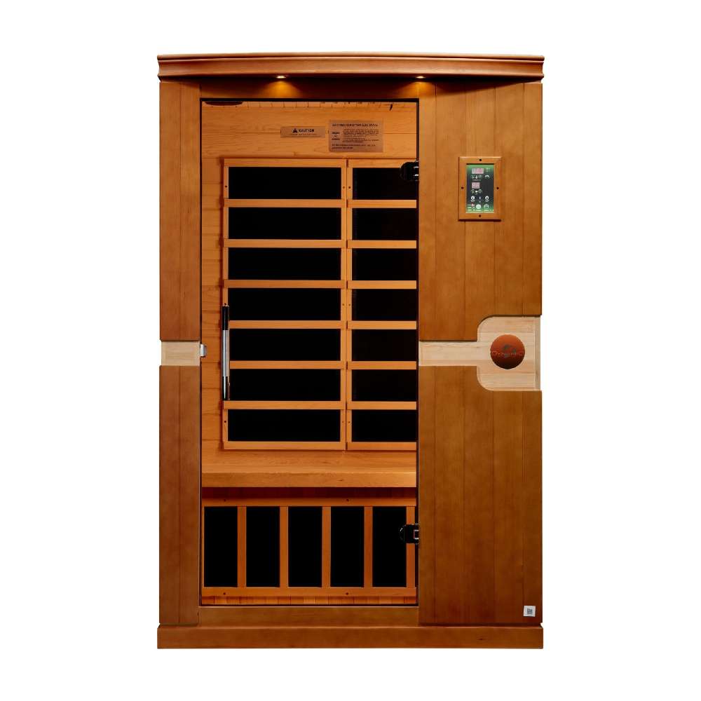 Front view of Golden Designs Dynamic Venice 2 Person Low EMF Far Infrared Sauna showing a cedar cabin, bronze glass door and round side accents