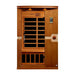 Front view of Golden Designs Dynamic Venice 2 Person Low EMF Far Infrared Sauna showing a cedar cabin, bronze glass door and round side accents