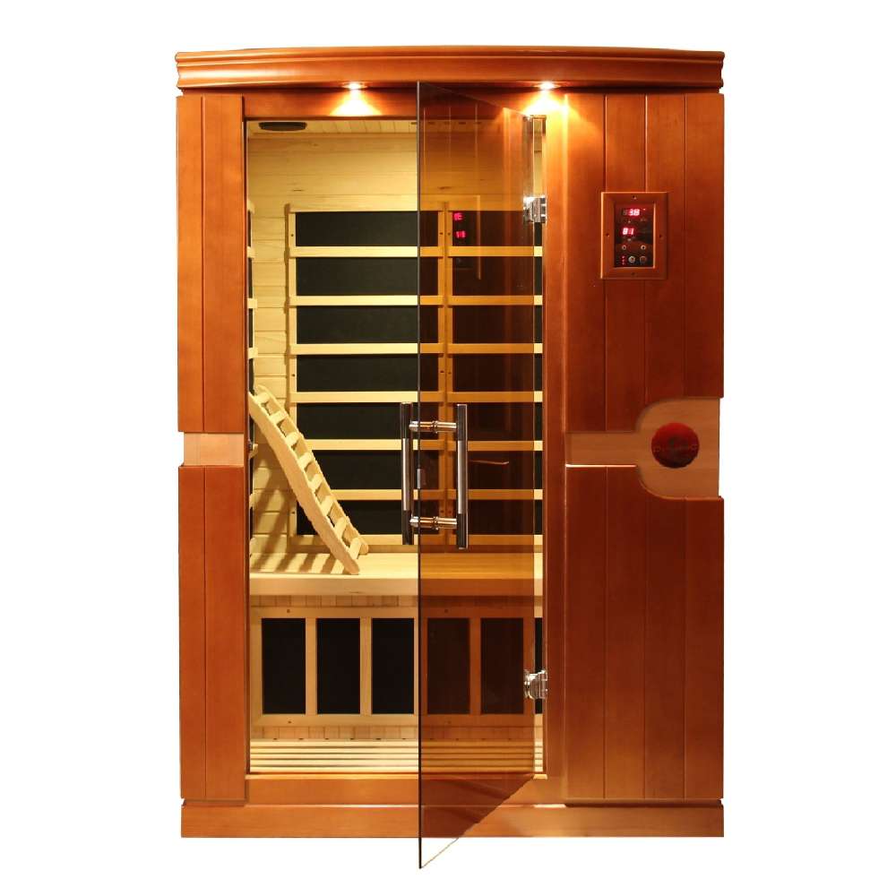 Front view of Golden Designs Dynamic Venice Elite 2 Person Ultra Low EMF Far Infrared Sauna with the glass door open to show the backrest and carbon panels