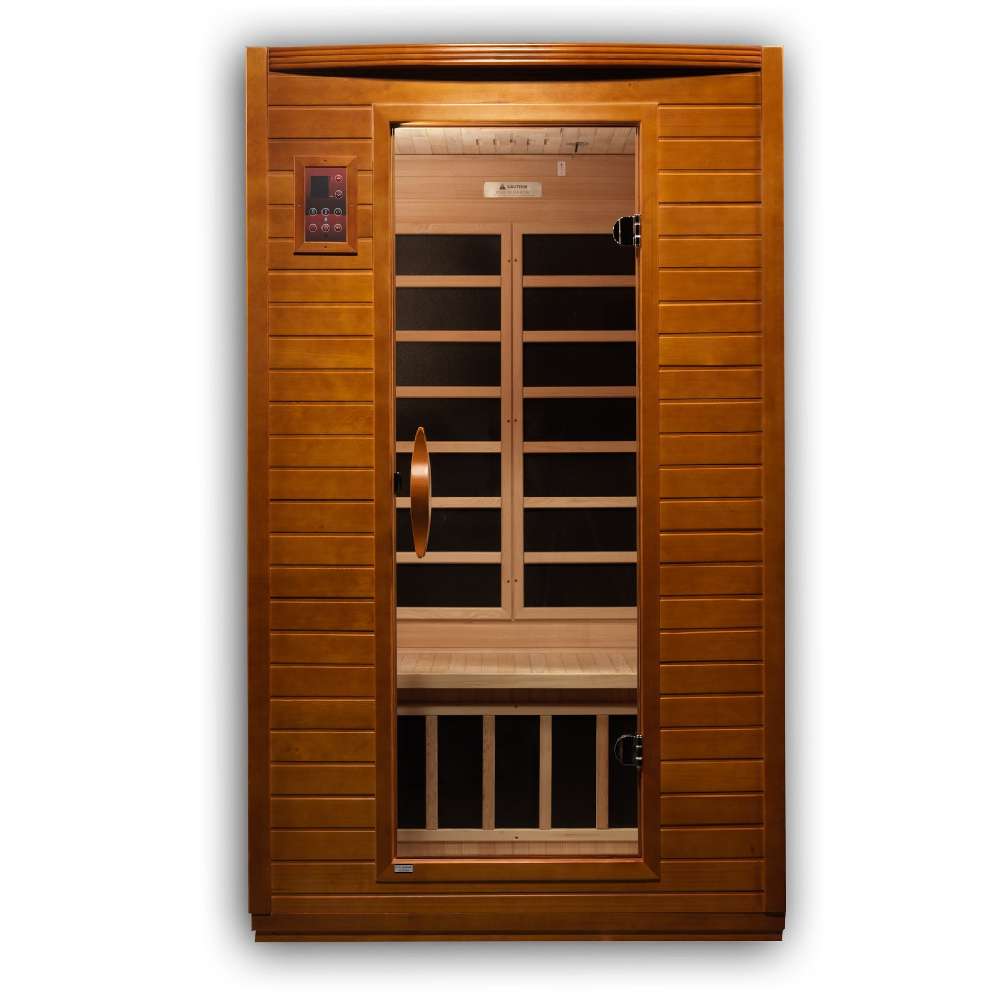 Front view of Golden Designs Dynamic Versailles Elite 2 Person Ultra Low EMF Far Infrared Sauna showing a cedar cabin, clear glass door and exterior control panel