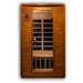 Front view of Golden Designs Dynamic Versailles Elite 2 Person Ultra Low EMF Far Infrared Sauna showing a cedar cabin, clear glass door and exterior control panel