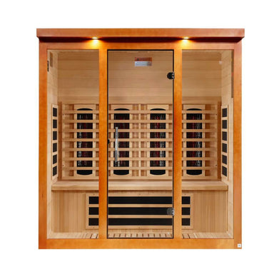 Front view of Golden Designs Dynamic Vila Grande 4 Person Full Spectrum Near Zero EMF Far Infrared Sauna showing a wide cedar cabin, glass doors and glowing accent lights