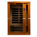 Front view of Golden Designs Dynamic Vittoria Elite 2 Person Ultra Low EMF Far Infrared Sauna showing a cedar-toned cabin, bronze glass door and exterior control panel