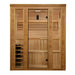 Front view of Golden Designs Engelberg 6 Person Traditional Sauna showing a clear glass door between two narrow windows set in light cedar walls