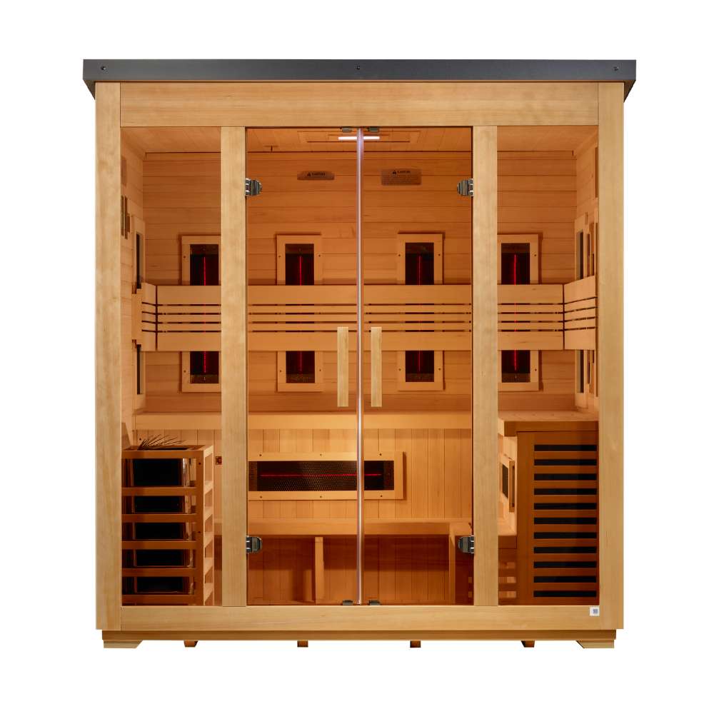 Front view of Golden Designs Gargellen 5 Person Hybrid Flat Roof Outdoor Sauna showing a light wood cabin with a dark flat roof, glass double doors and heater panels along the backrest