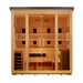 Front view of Golden Designs Gargellen 5 Person Hybrid Flat Roof Outdoor Sauna showing a light wood cabin with a dark flat roof, glass double doors and heater panels along the backrest