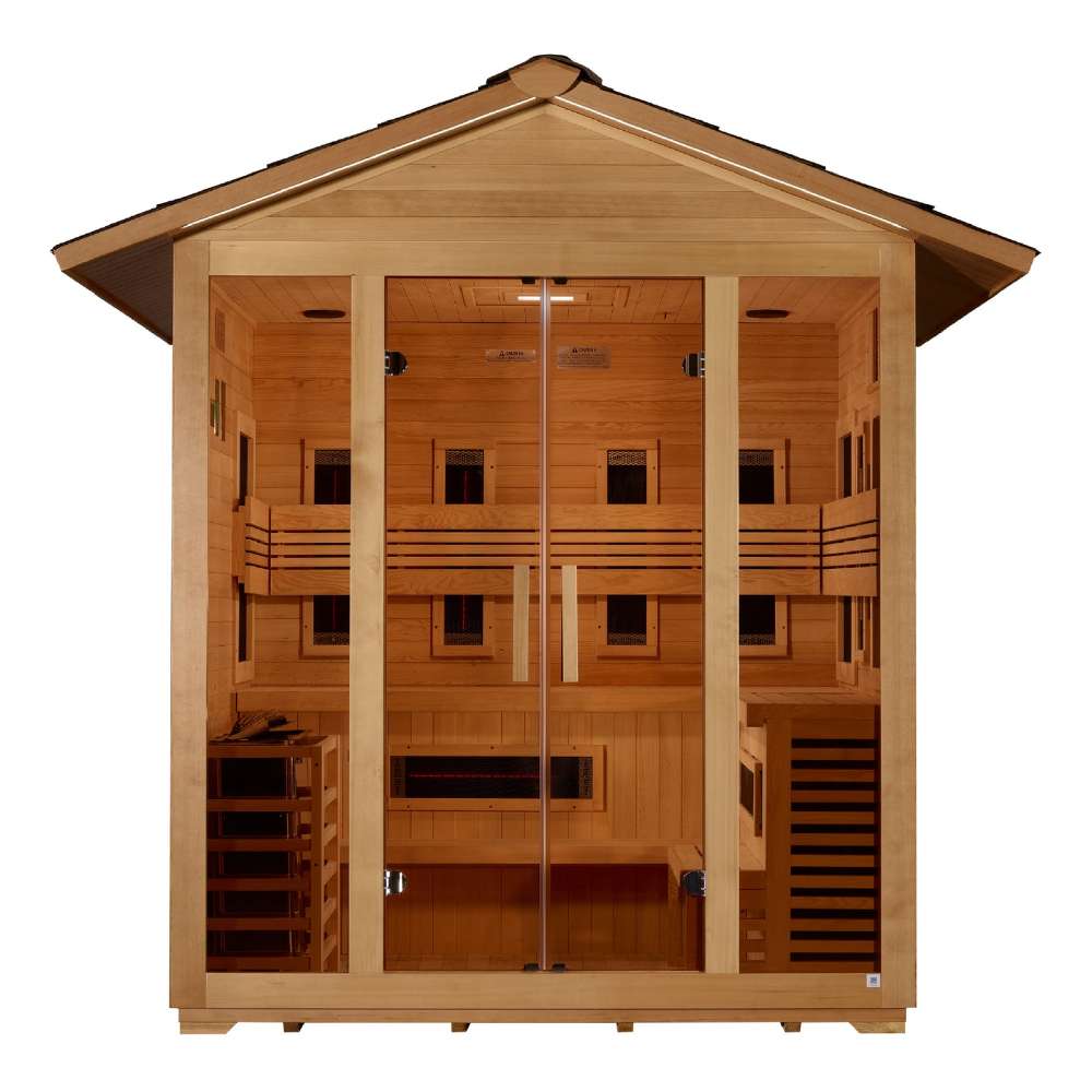 Front view of Golden Designs Gargellen 5 Person Hybrid Outdoor Sauna showing a shingled gable roof, glass doors, carbon panels, near infrared heaters and a guarded stove