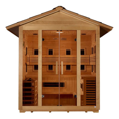 Front view of Golden Designs Gargellen 5 Person Hybrid Outdoor Sauna showing a shingled gable roof, glass doors, carbon panels, near infrared heaters and a guarded stove